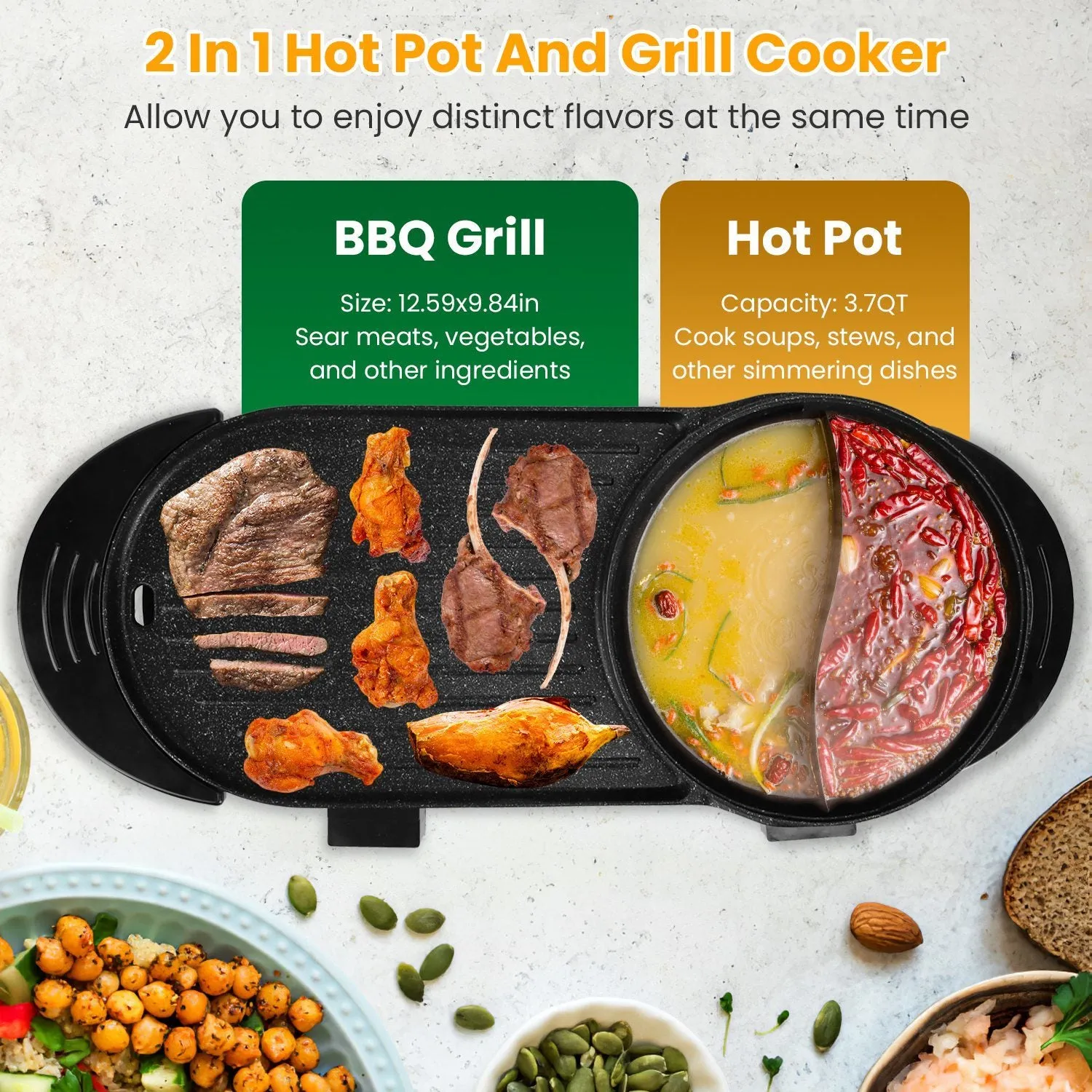 2 in 1 Electric Hot Pot with BBQ Grill Cooker 2200W Smokeless Non-Stick Korean BBQ Grill Shabu Shabu Hot Pot with Independent Temperature Control 5 Gears Firepower For 2-10 People