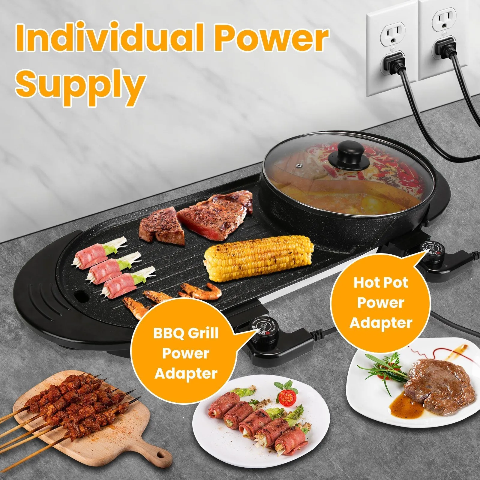 2 in 1 Electric Hot Pot with BBQ Grill Cooker 2200W Smokeless Non-Stick Korean BBQ Grill Shabu Shabu Hot Pot with Independent Temperature Control 5 Gears Firepower For 2-10 People