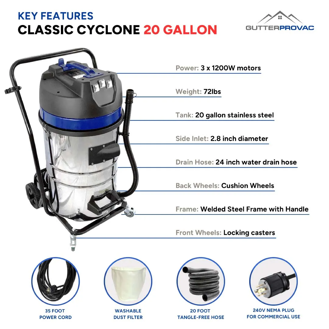 20 Gallon Classic Cyclone Gutter Vacuum with 28 Foot Aluminum Gutter Poles, 25ft Hose and Pole Bag