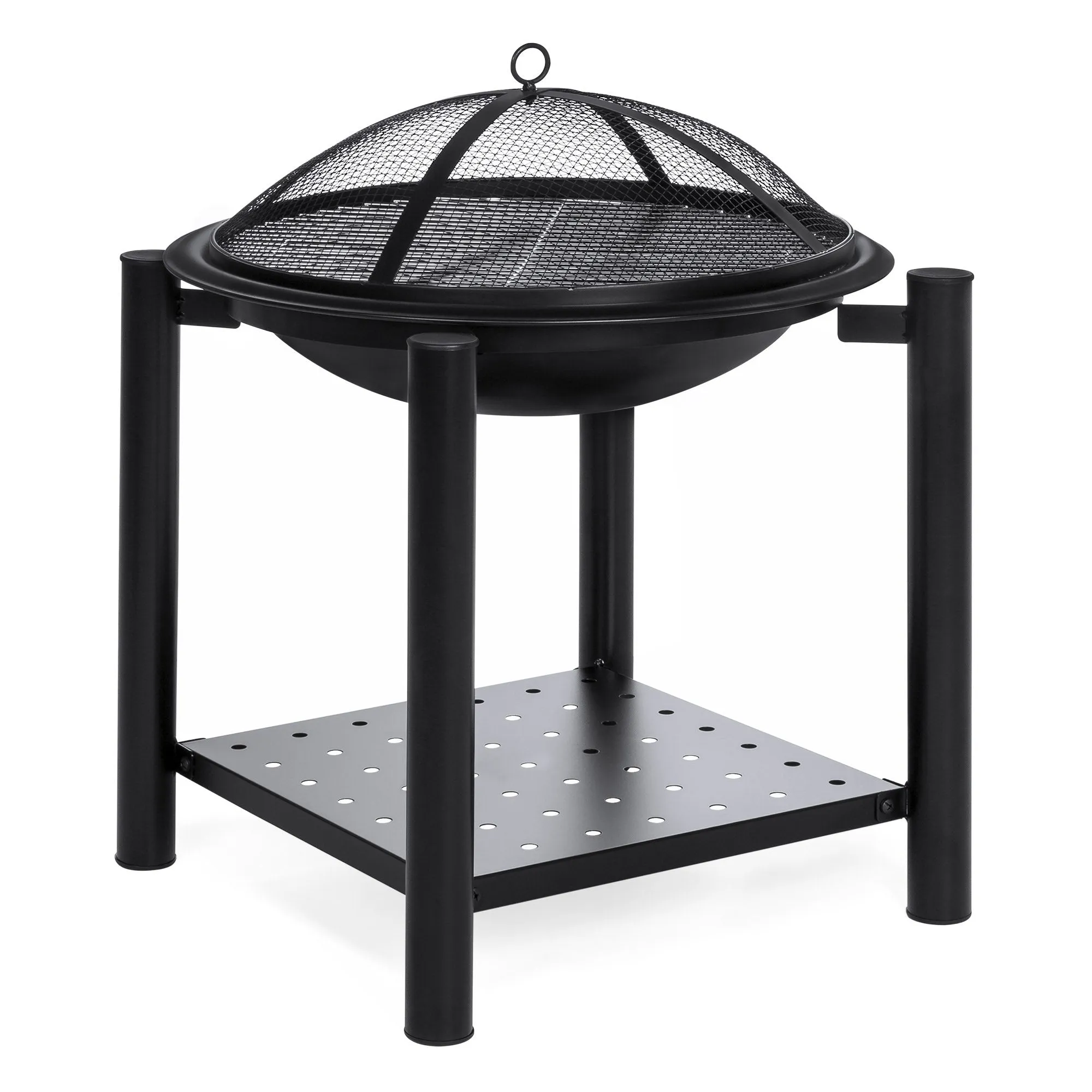 21.5in Fire Pit Bowl Table w/ Storage Shelf, Mesh Cover, Log Grate, Poker