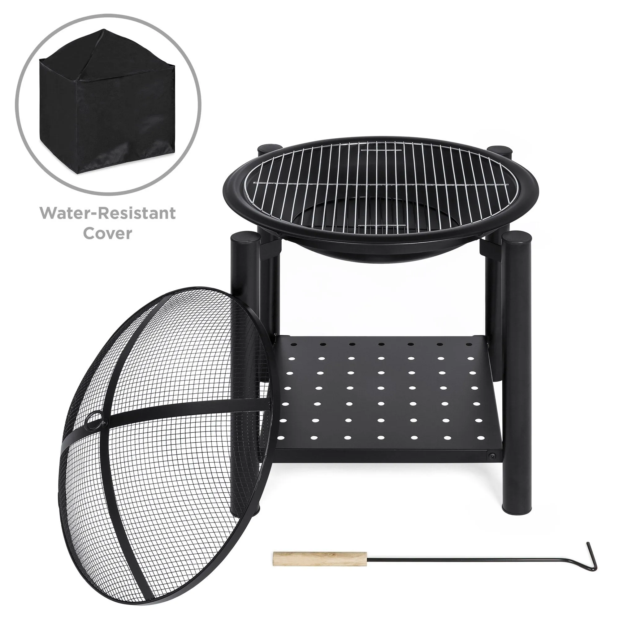 21.5in Fire Pit Bowl Table w/ Storage Shelf, Mesh Cover, Log Grate, Poker