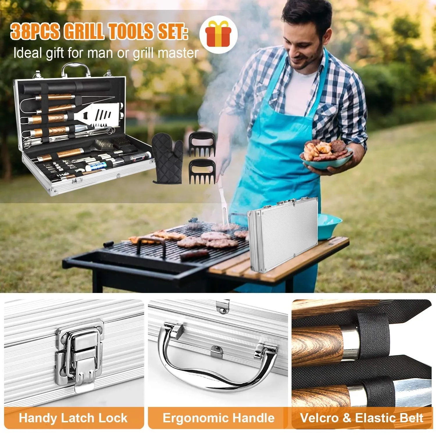 38 Pcs Stainless Steel Grill Tools Grilling Accessories with Aluminum Case, for Camping/Backyard Barbecue