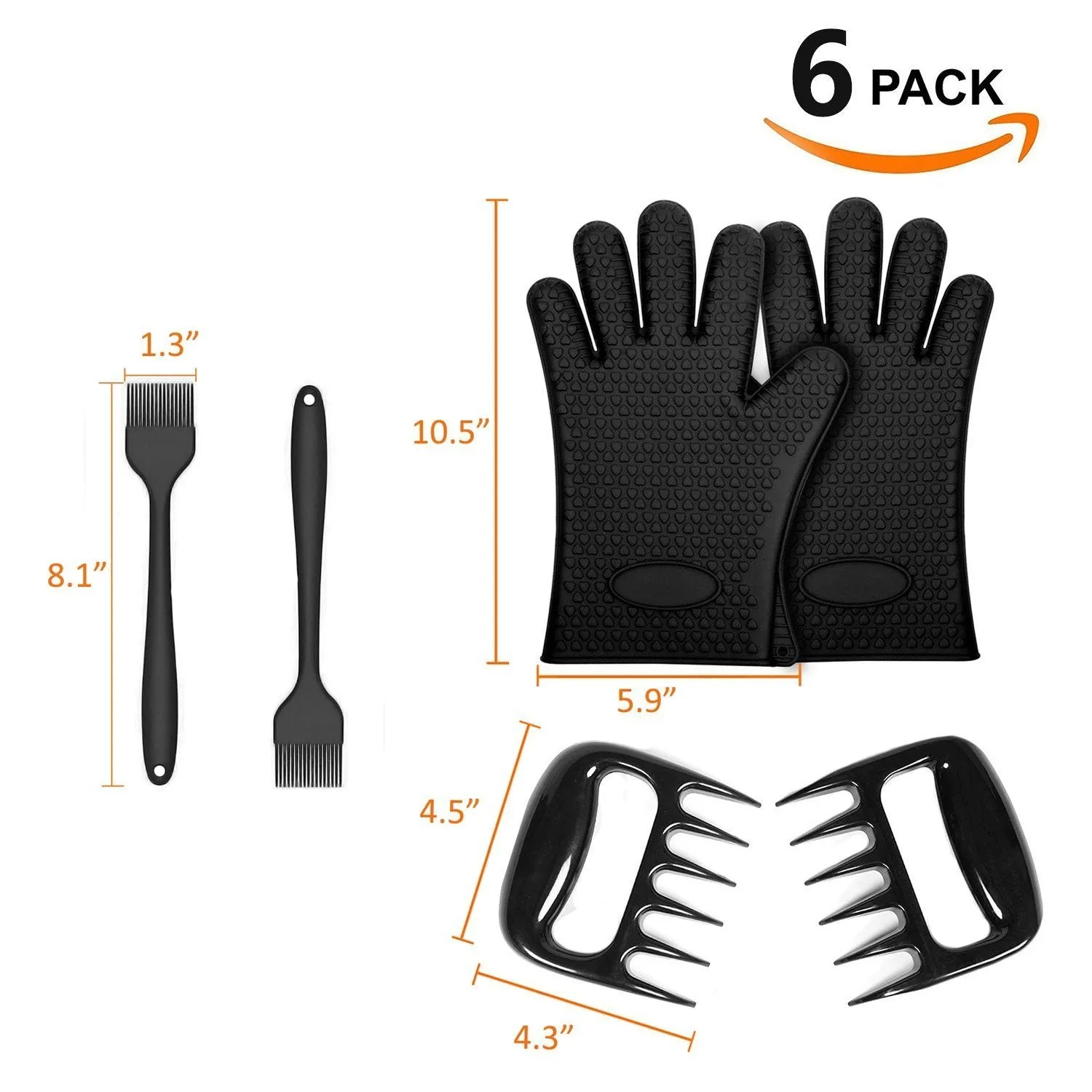 BBQ Grill Accessories Set 6-Piece, The Most Essential Barbecue Tools w/ Best Versatile BBQ Gloves Oven Mitts, Meat Shredder Claws and Silicone Oil Basting Brush for Indoor Outdoor Grilling Cooking