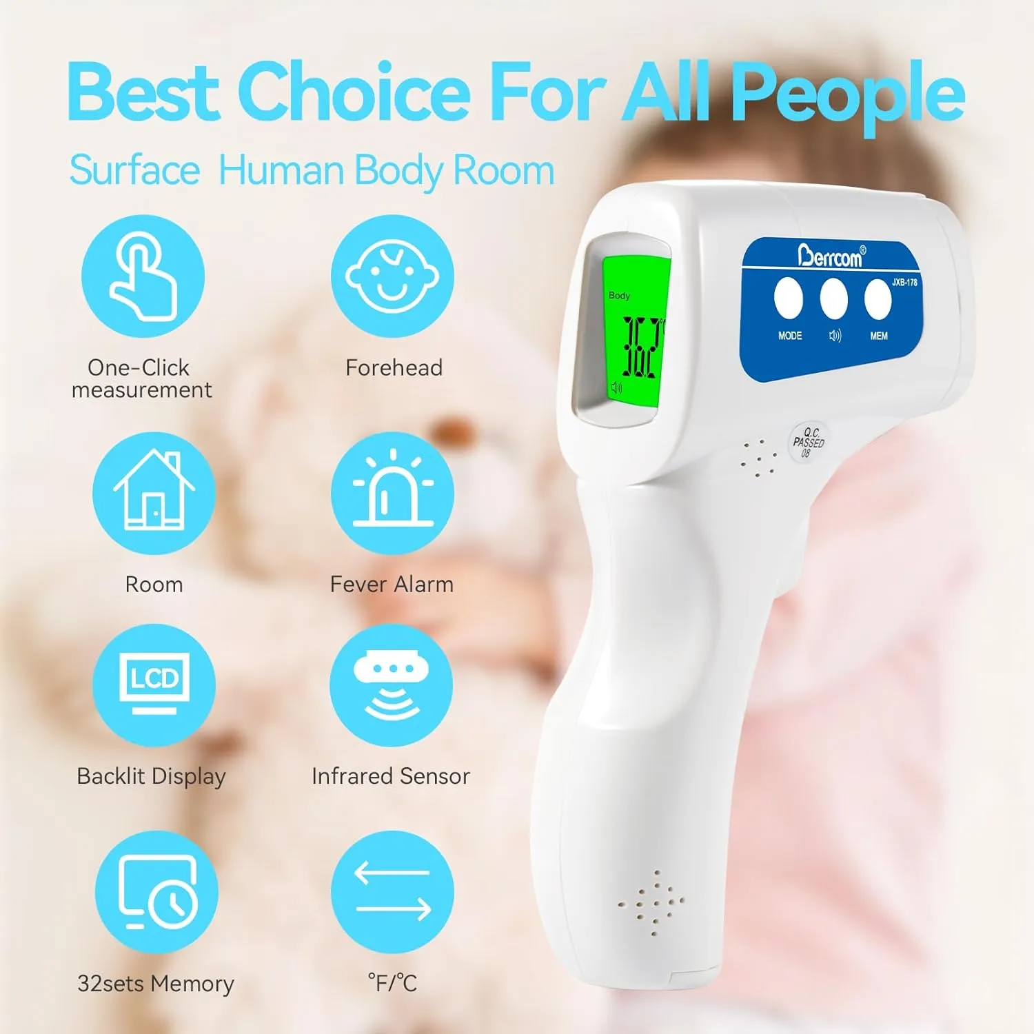 Berrcom 3-in-1 Non-Contact Infrared Forehead Digital Thermometer With Fever Warning