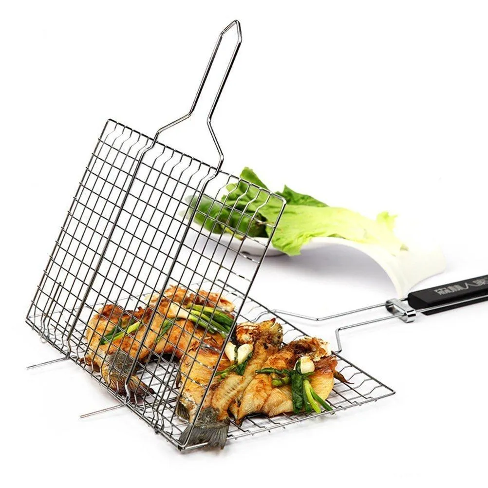 E-TECHING Portable Stainless Steel BBQ Barbecue Grilling Basket with Wooden Handle