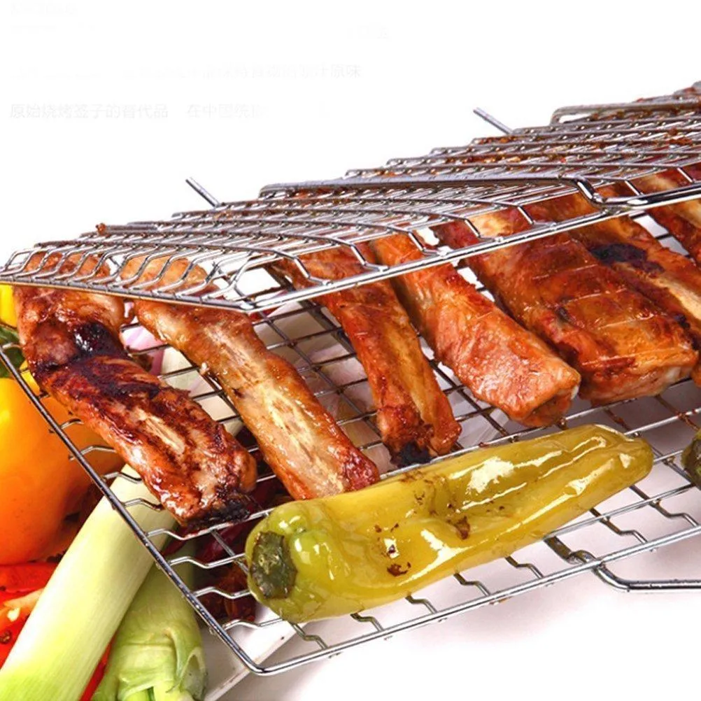 E-TECHING Portable Stainless Steel BBQ Barbecue Grilling Basket with Wooden Handle