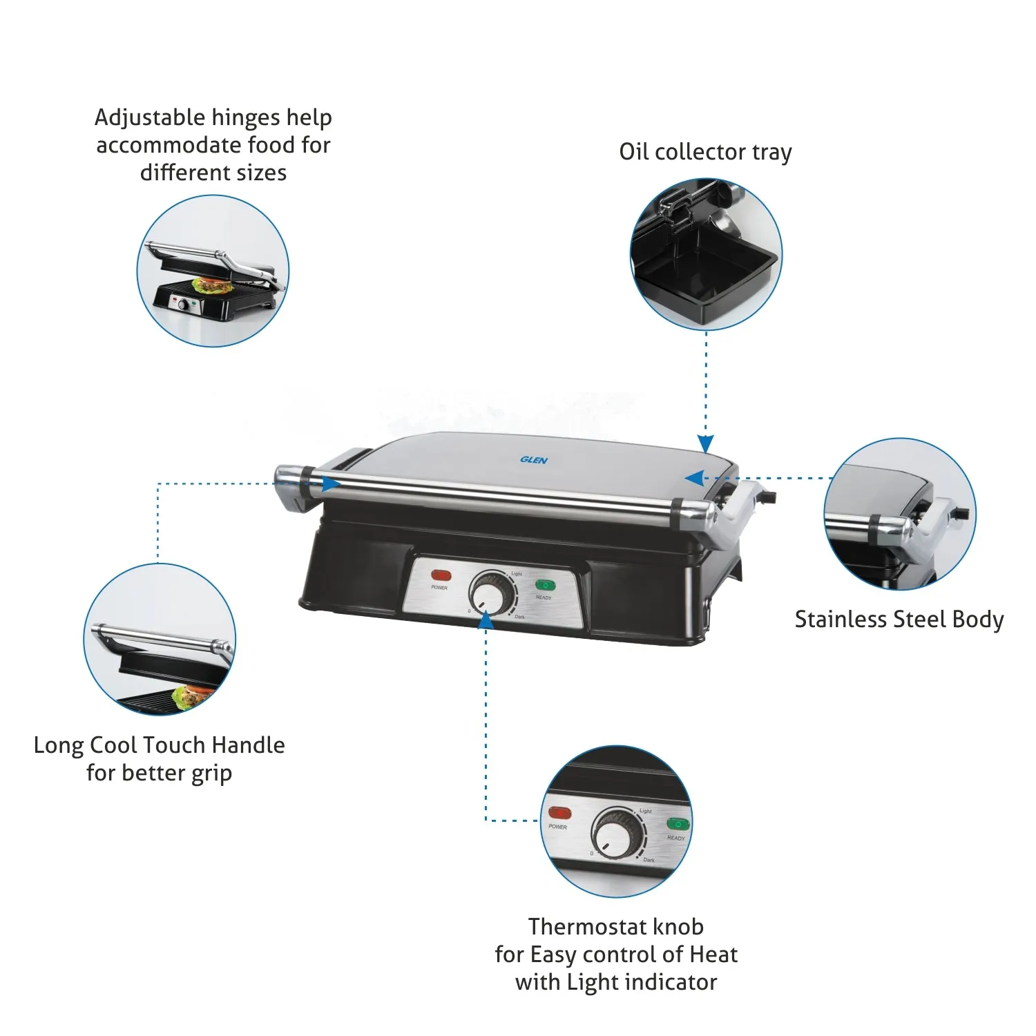 Electric Contact Grill & Sandwich Maker with 180-degree opening, Non-Stick Plates, 2000w - Silver (3037)