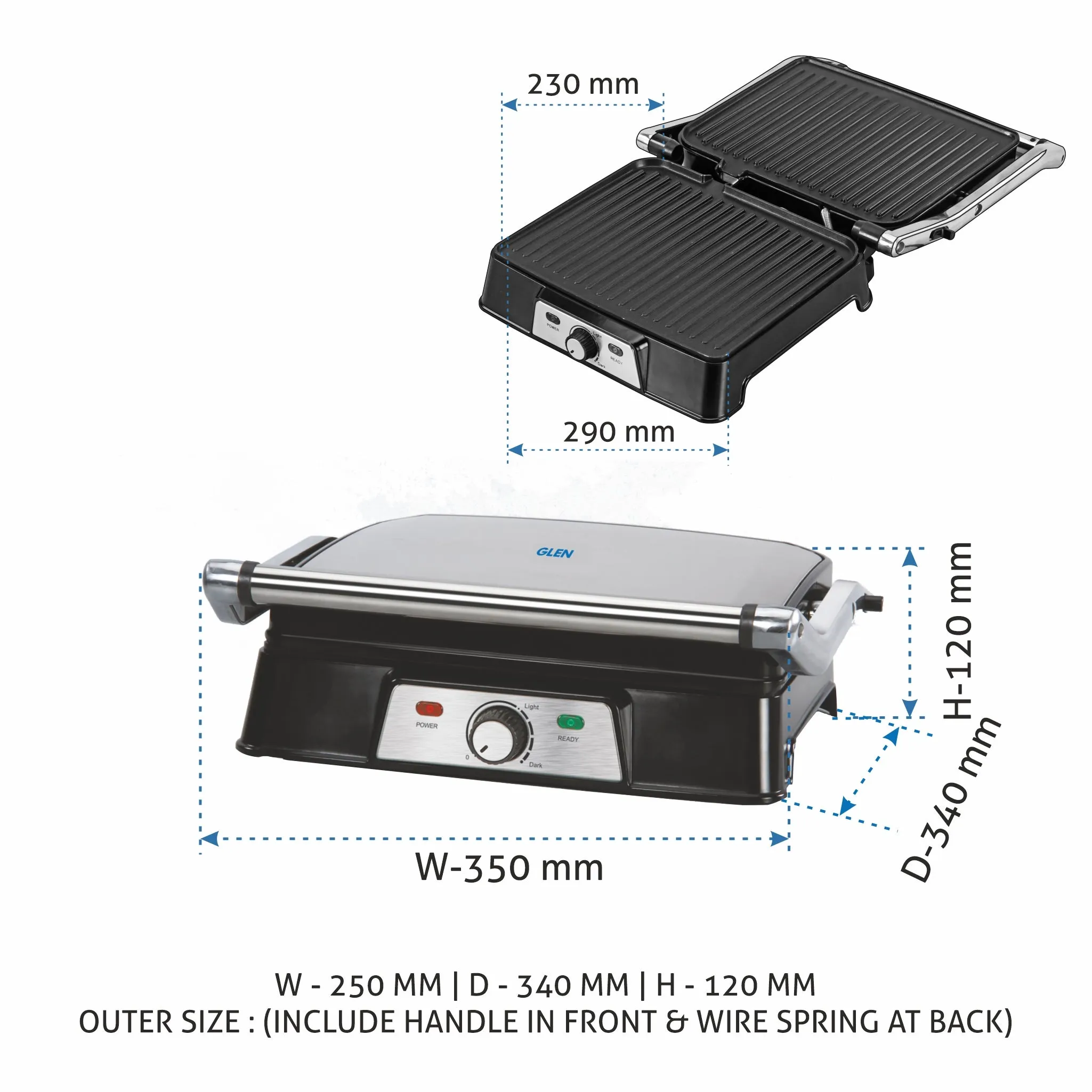 Electric Contact Grill & Sandwich Maker with 180-degree opening, Non-Stick Plates, 2000w - Silver (3037)