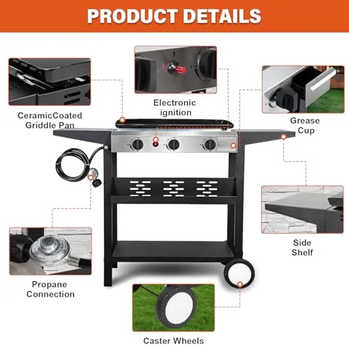 Hykolity 3 Burner Flat Top Gas Griddle with Ceramic Coated Iron Pan, 30,000 BTU Outdoor Propane BBQ Griddle, Stainless Steel Barbecue Gas Grill for Camping, Tailgating, Cooking