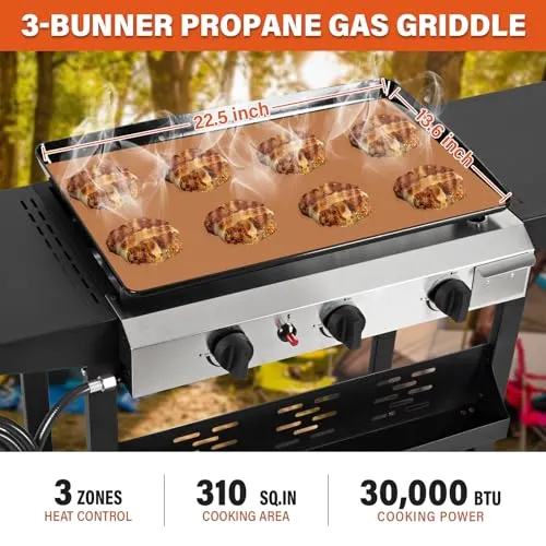 Hykolity 3 Burner Flat Top Gas Griddle with Ceramic Coated Iron Pan, 30,000 BTU Outdoor Propane BBQ Griddle, Stainless Steel Barbecue Gas Grill for Camping, Tailgating, Cooking