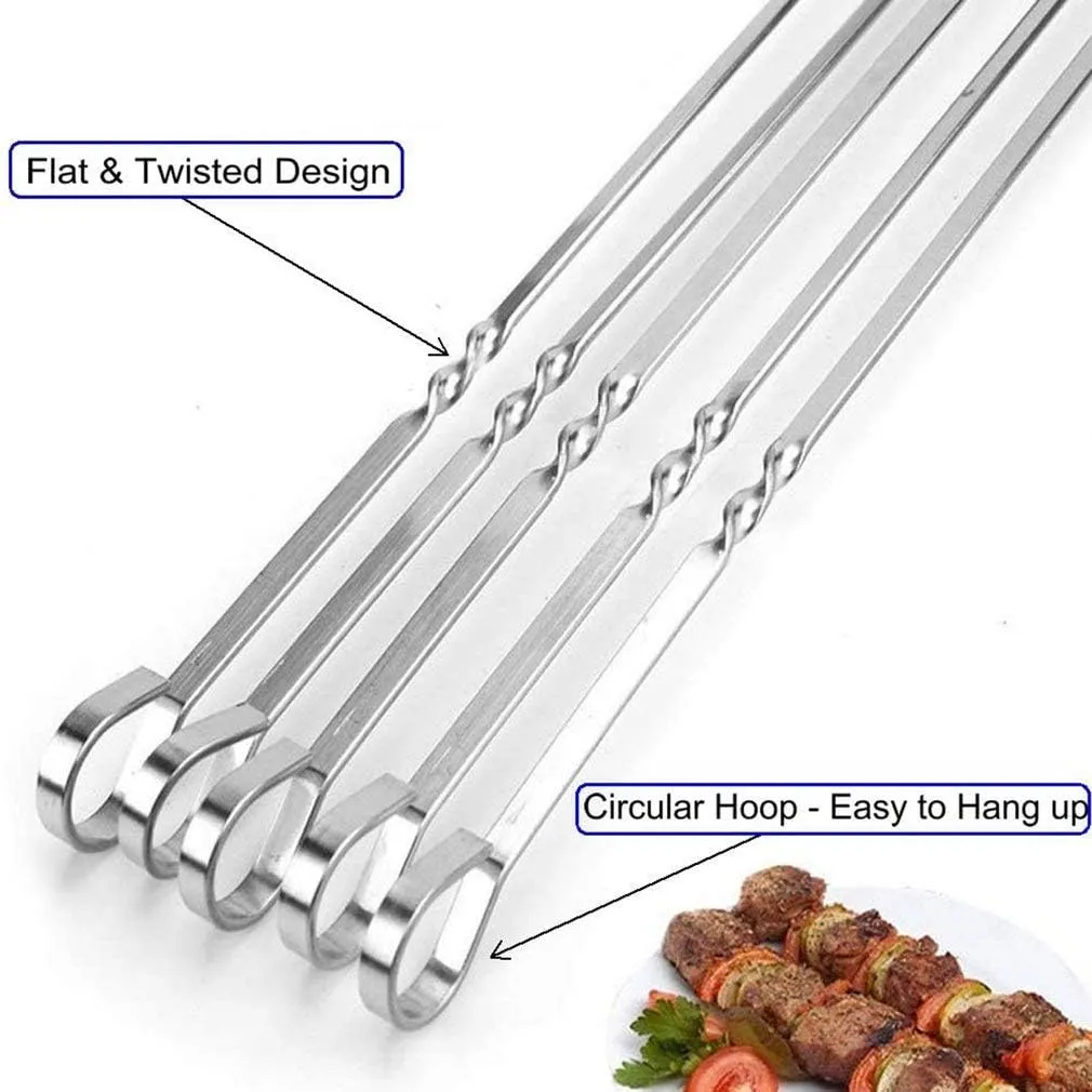 Kabob Skewers Flat Stainless Steel Reusable Grilling Skewers Set 24 Pcs