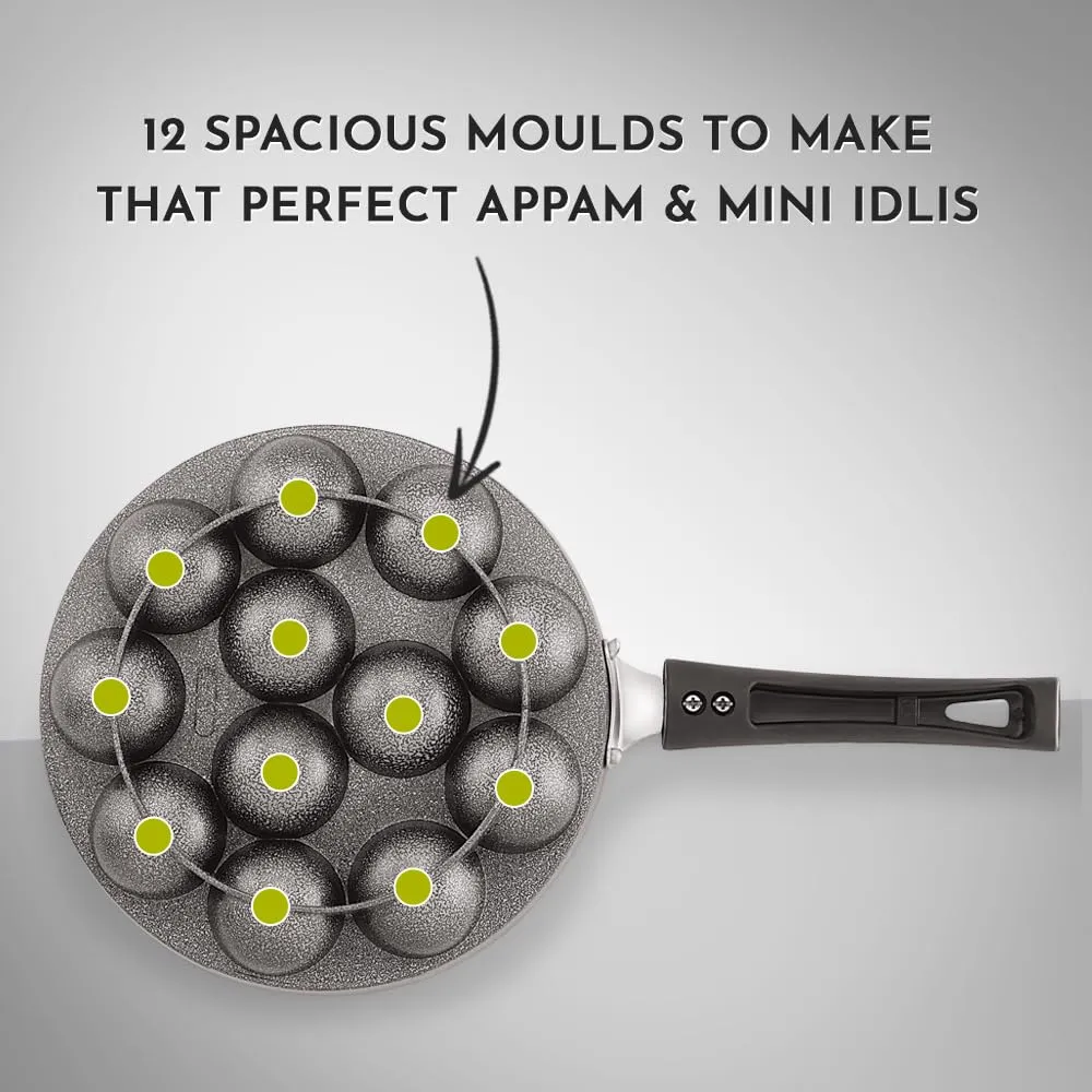 Magnus Appam Patra with Stainless Steel Lid | 12 Cavity Non-Stick Pan | Induction Friendly| Heavy Duty Aluminum| Single Handle with SS Lid | Appam pan | Litti Maker | Black