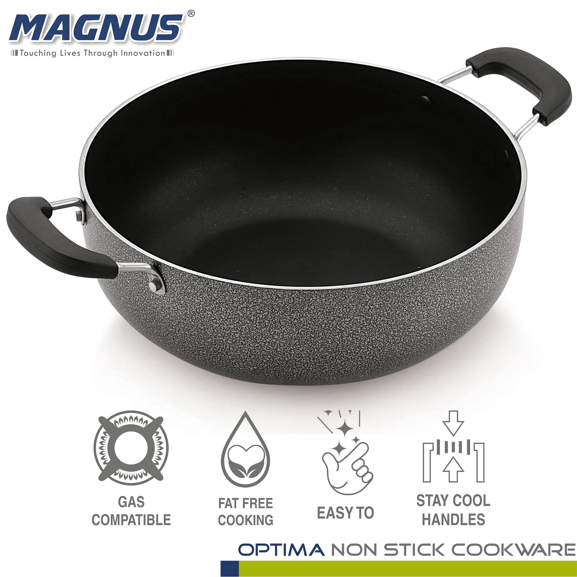 Magnus Optima Non-Stick Aluminum Deep Kadai with Stainless Steel Lid, 3 Litres, Hammertone Finish,(Black & Grey)