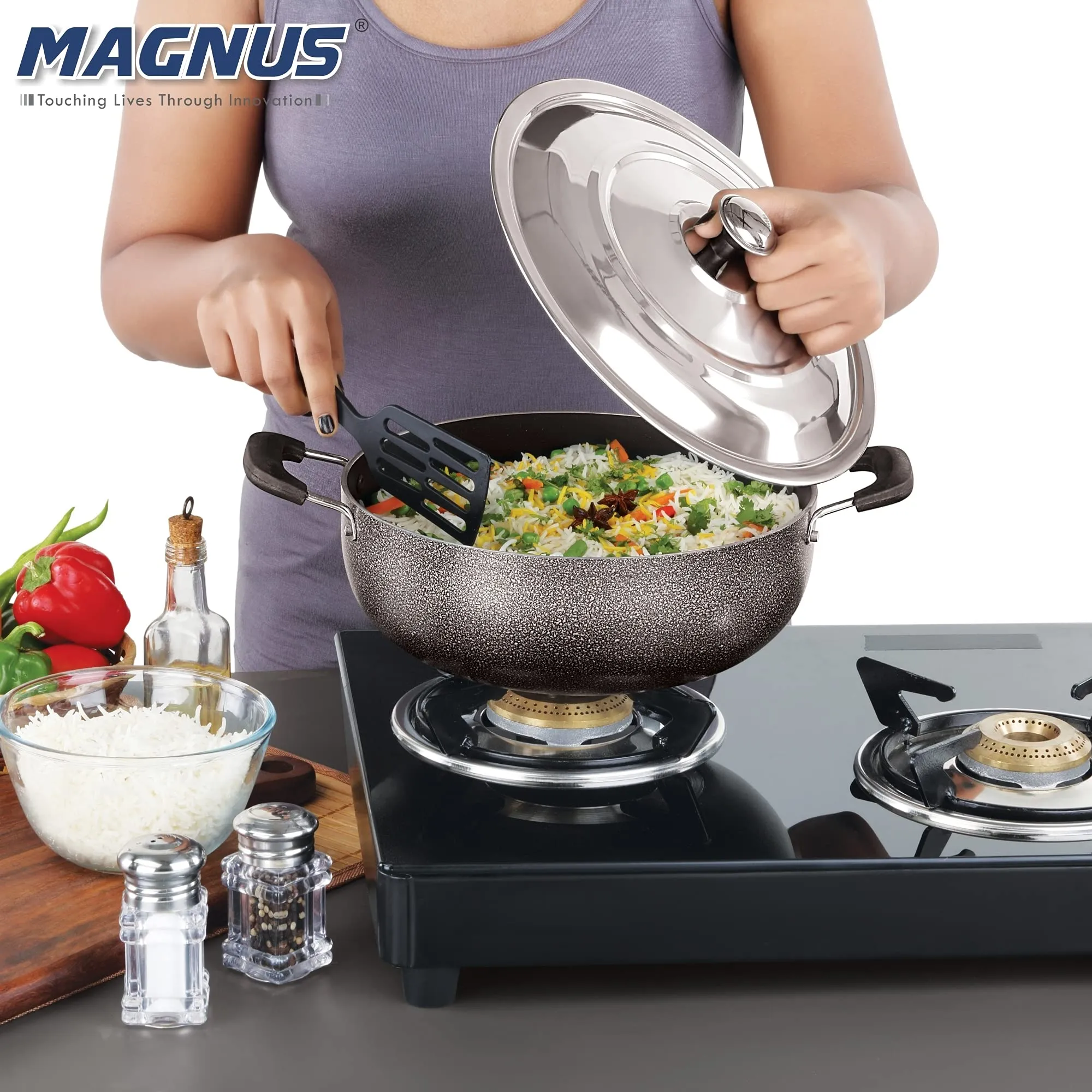 Magnus Optima Non-Stick Aluminum Deep Kadai with Stainless Steel Lid, 3 Litres, Hammertone Finish,(Black & Grey)