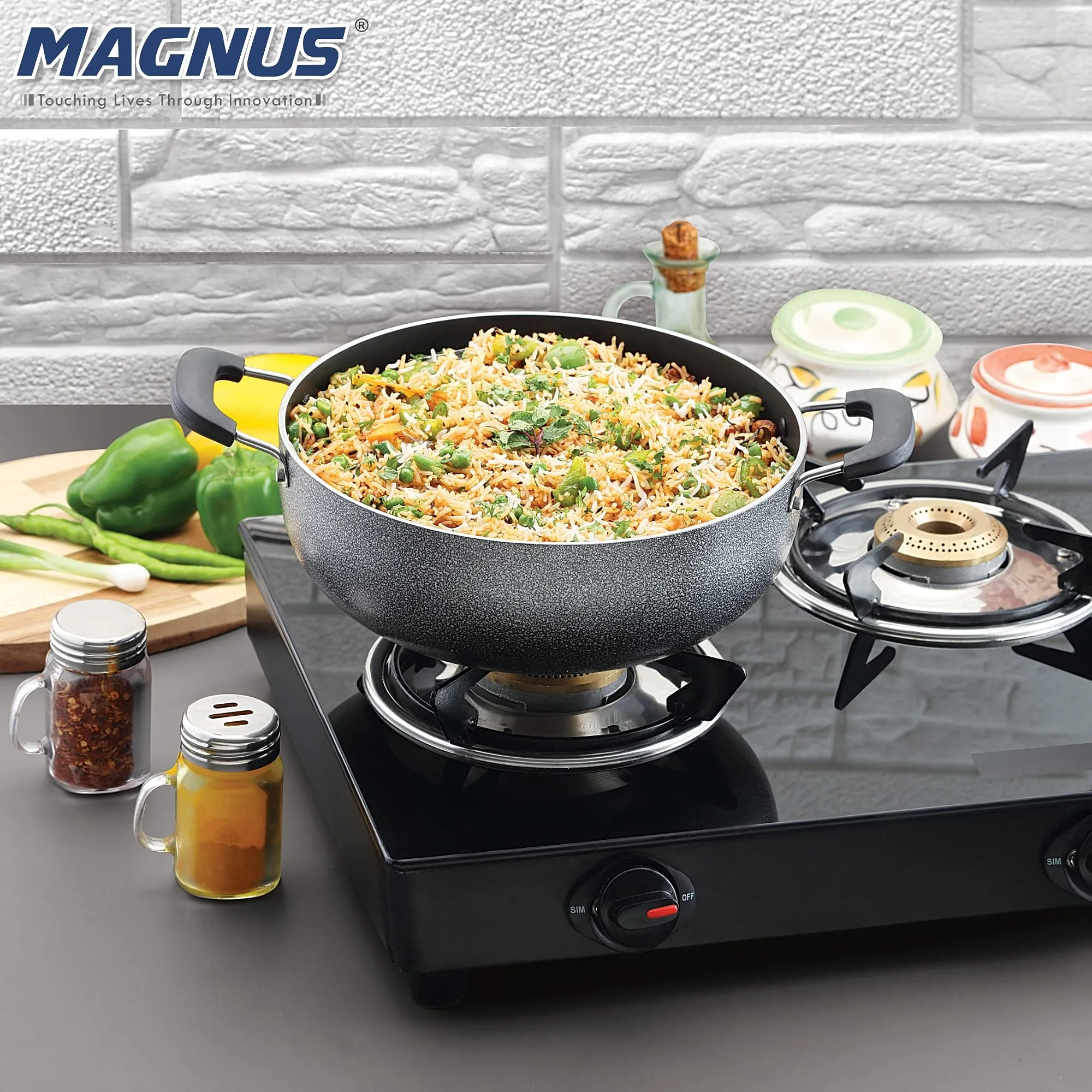 Magnus Optima Non-Stick Aluminum Deep Kadai with Stainless Steel Lid, 3 Litres, Hammertone Finish,(Black & Grey)