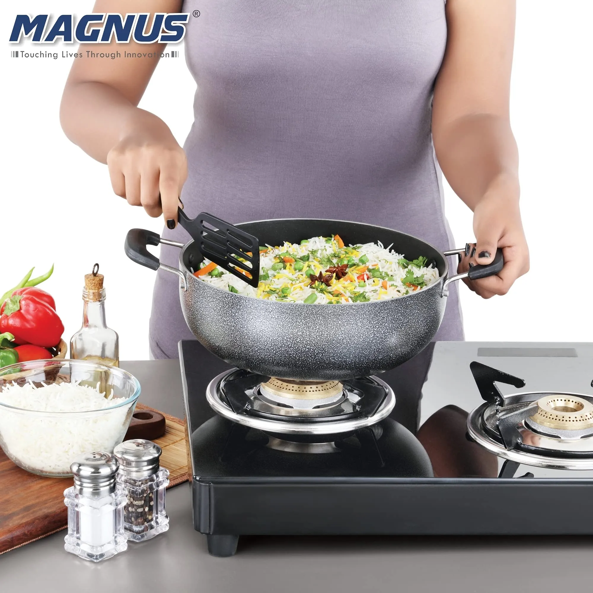 Magnus Optima Non-Stick Aluminum Deep Kadai with Stainless Steel Lid, 3 Litres, Hammertone Finish,(Black & Grey)