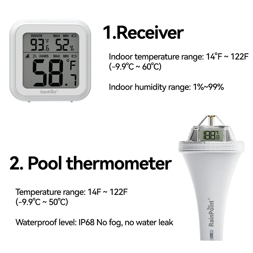 RAINPOINT Wireless Pool Thermometer - Accurate Swimming Pool and Pond Temperature Monitor with Indoor Display - Pool Sensor Displays °C Only