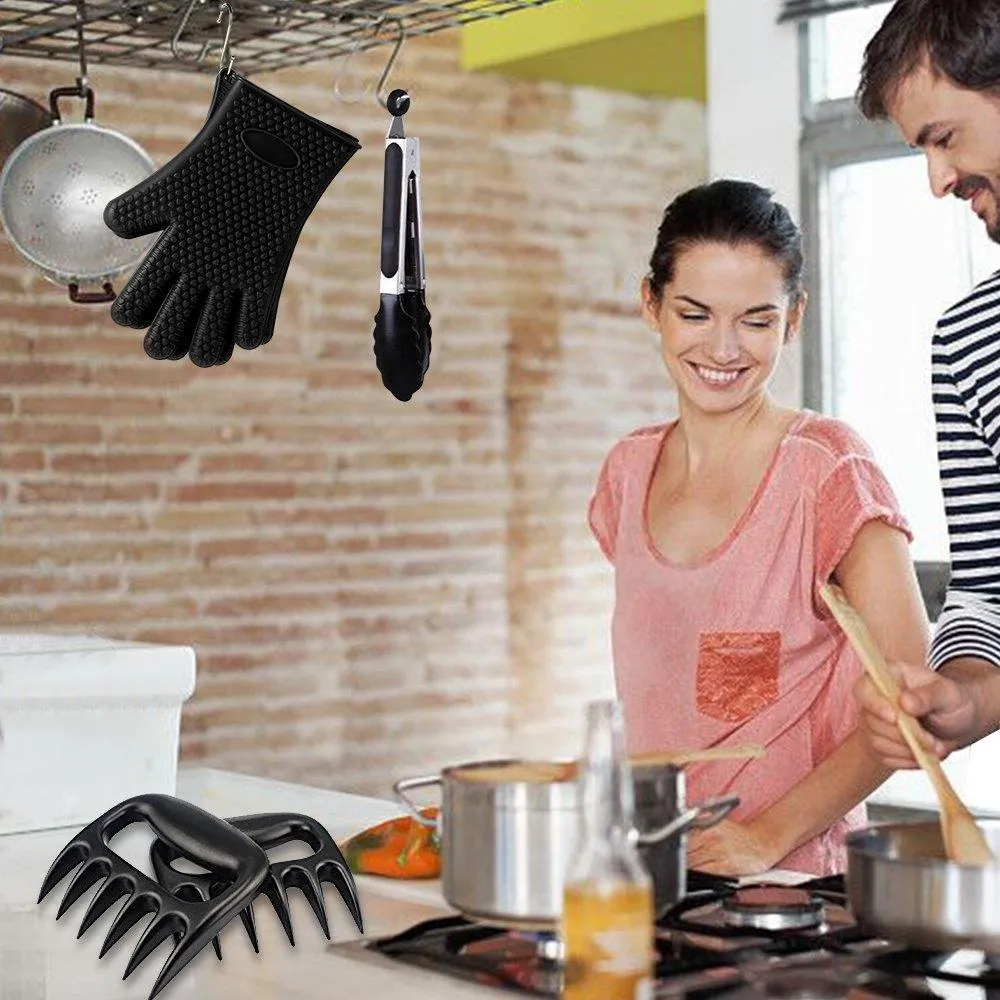 Silicone BBQ /Cooking Gloves -Meat Shredder Claws -Kitchen Tongs -Silicone Brush Set , Silicone Heat Resistant Grilling BBQ, Oven, Grill, Baking, Cooking / Oven Gloves and Barbecue Claws (Black Set)