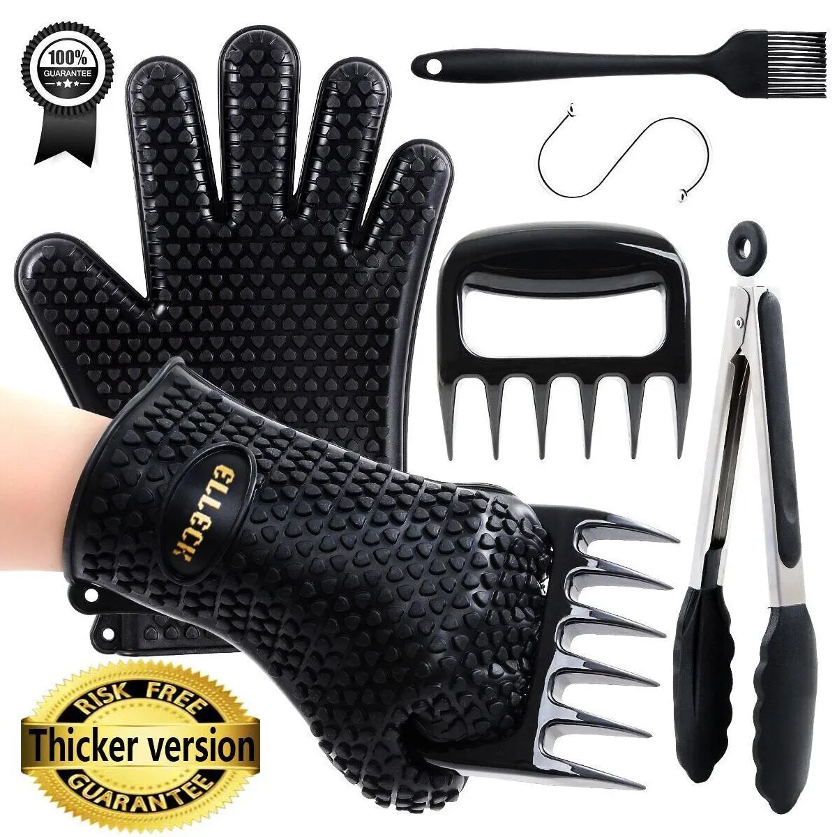 Silicone BBQ /Cooking Gloves -Meat Shredder Claws -Kitchen Tongs -Silicone Brush Set , Silicone Heat Resistant Grilling BBQ, Oven, Grill, Baking, Cooking / Oven Gloves and Barbecue Claws (Black Set)