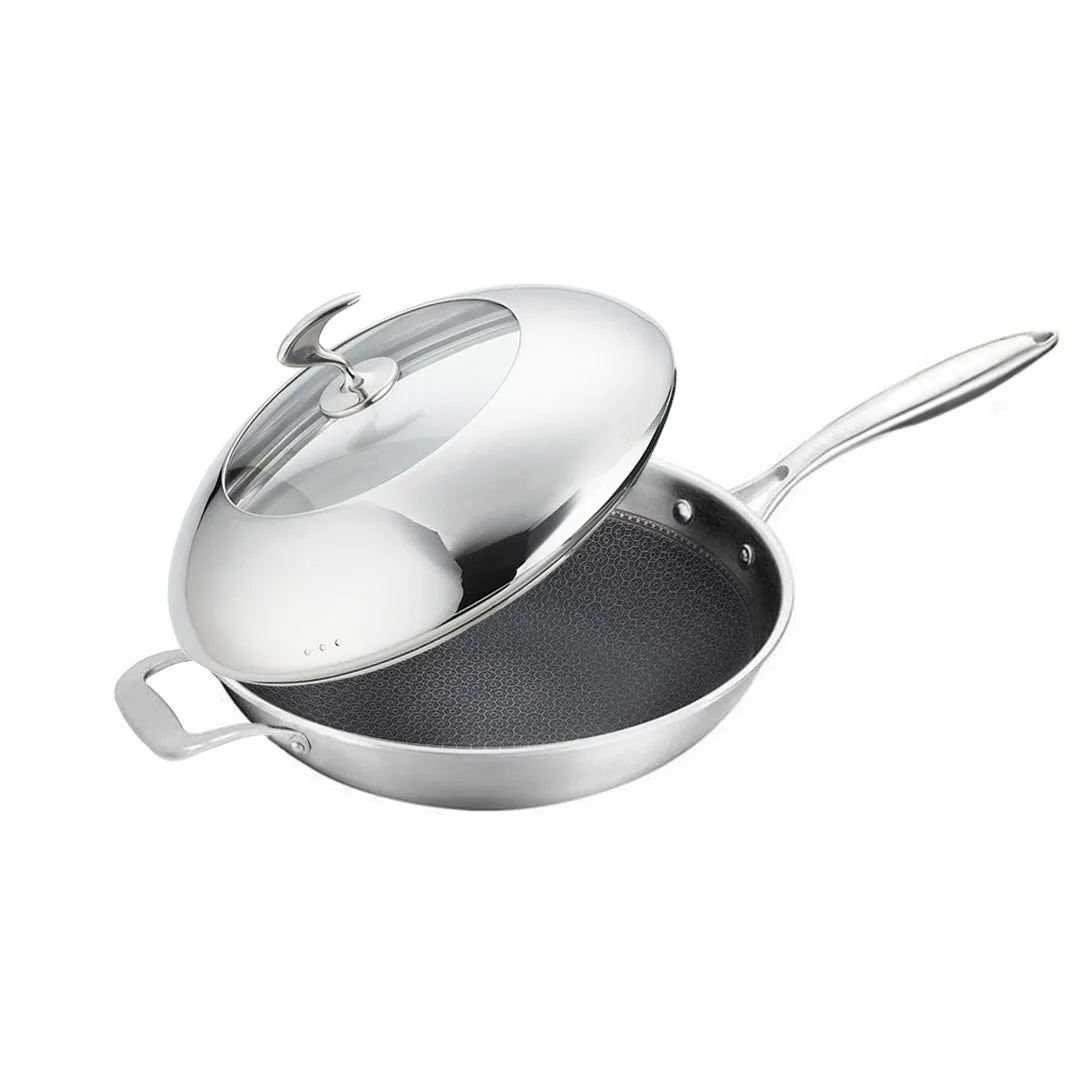 SOGA 18/10 Stainless Steel Fry Pan 32cm Frying Pan Top Grade Non Stick Interior Skillet with Helper Handle and Lid